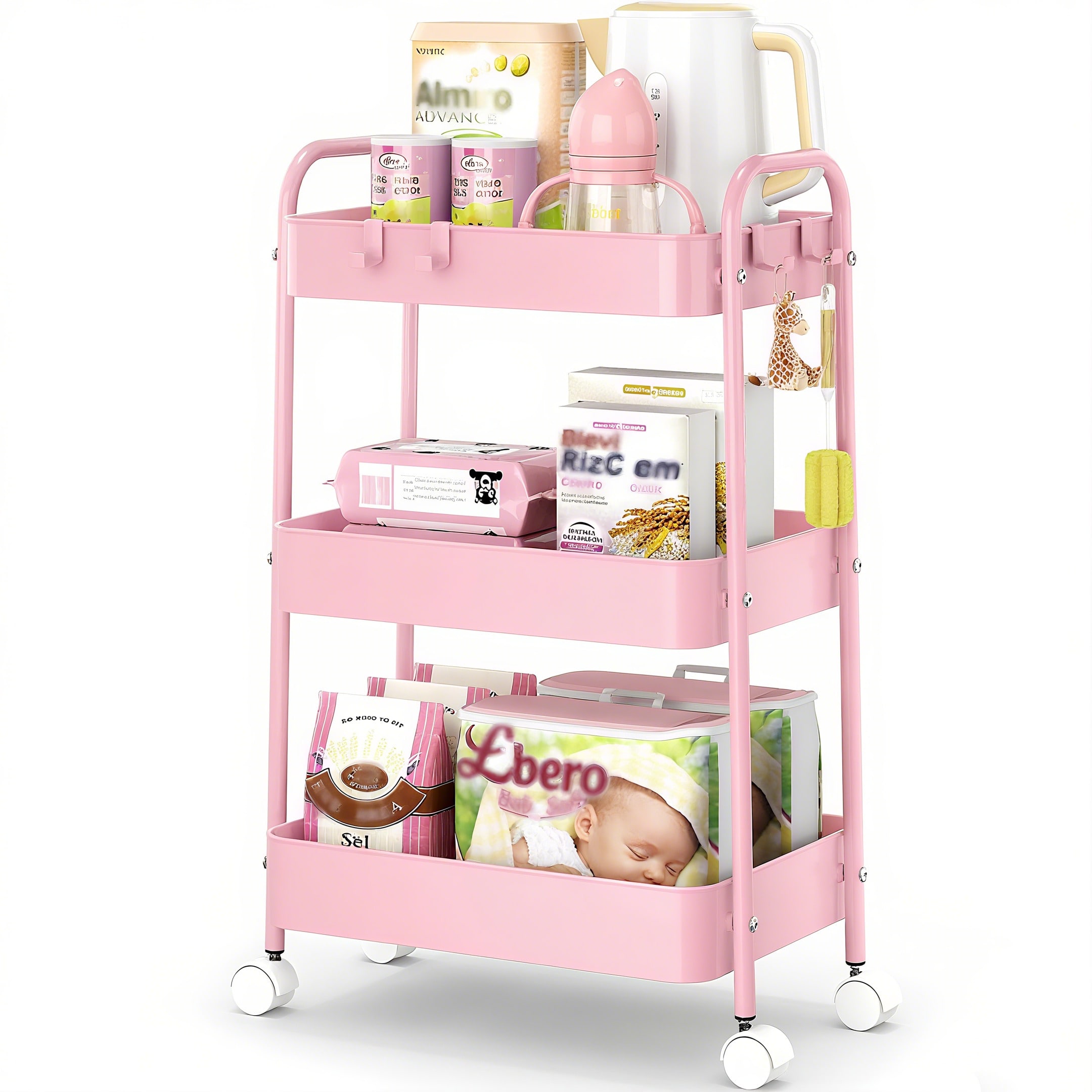 Baby Nursery Essentials - รถเข็นโลหะ 3 ชั้นพร้อมล้อเลื่อน สีชมพูทันสมัย รถเข็นเก็บของอเนกประสงค์พร้อมตะกร้าตาข่ายแข็งแรง ทนทาน