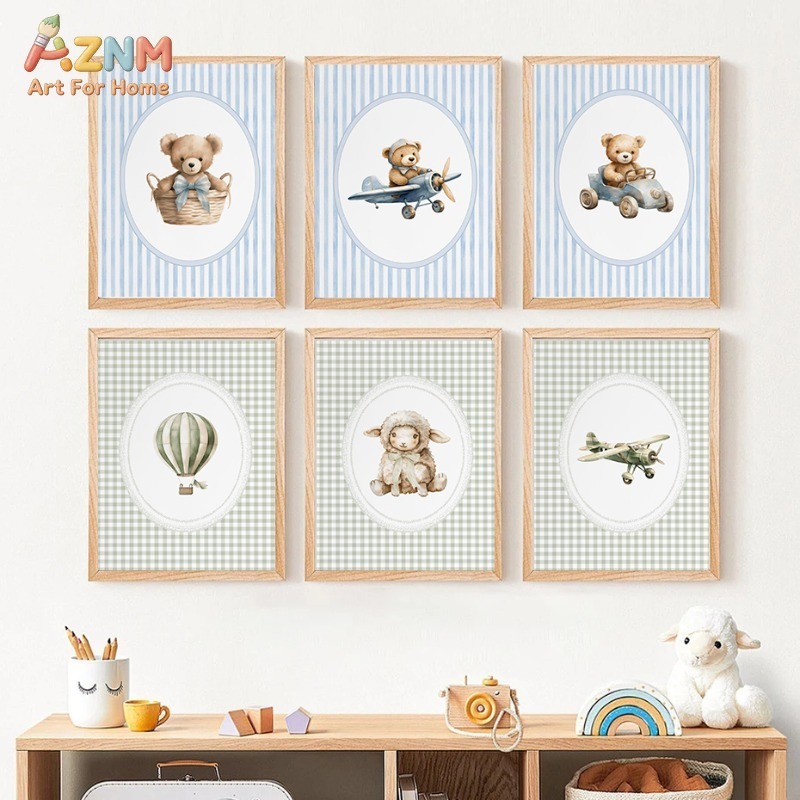 Baby Nursery Furniture Sets - ภาพวาดสีน้ำลายหมีเท็ดดี้สำหรับตกแต่งผนังห้องเด็ก ลายทางสีน้ำเงินและลายตาราง ภาพพิมพ์บนผ้าแคนวาส สำหรับตกแต่งห้องนอนเด็กผู้ชาย ชุด 6