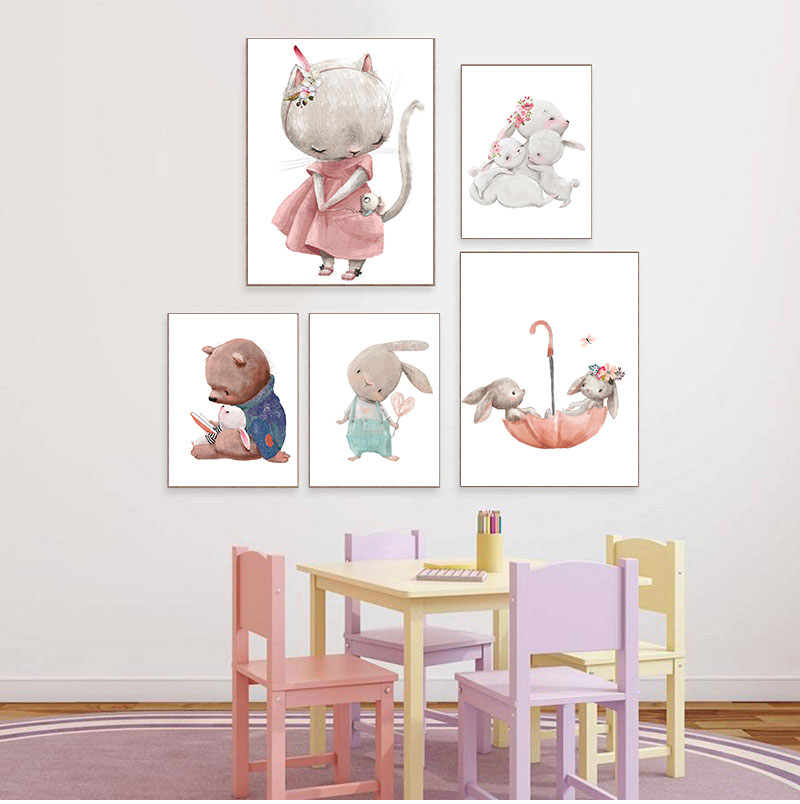 Baby Nursery Posters - ภาพพิมพ์ศิลปะตกแต่งแบบไม่มีกรอบ 1 ชิ้น, ภาพพิมพ์บนผ้าใบลายหมีกระต่าย, โปสเตอร์กระต่ายน้อย, ภาพวาดสำหรับตกแต่งห้องเด็ก,