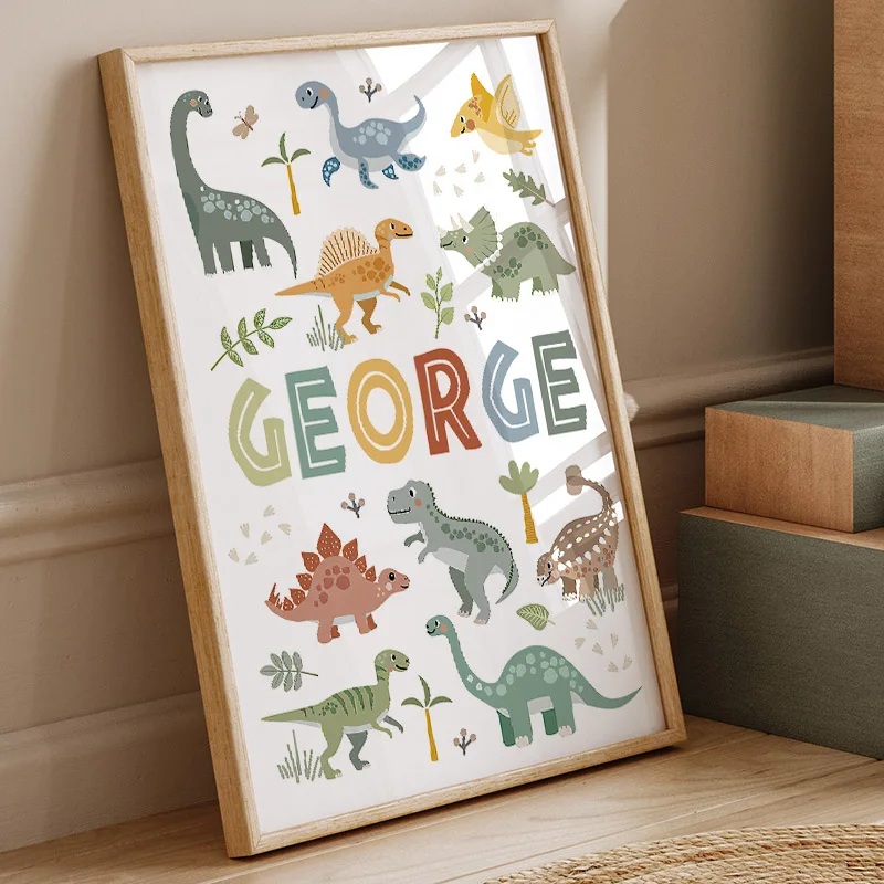 Baby Nursery Posters - ไดโนเสาร์น่ารัก ทีเร็กซ์ แบรคิโอซอรัส ภาพวาดบนผืนผ้าใบสำหรับตกแต่งผนังห้องเด็ก โปสเตอร์และภาพพิมพ์ไดโนเสาร์สไตล์นอร์ดิก ของตกแต่งห้องเด็ก