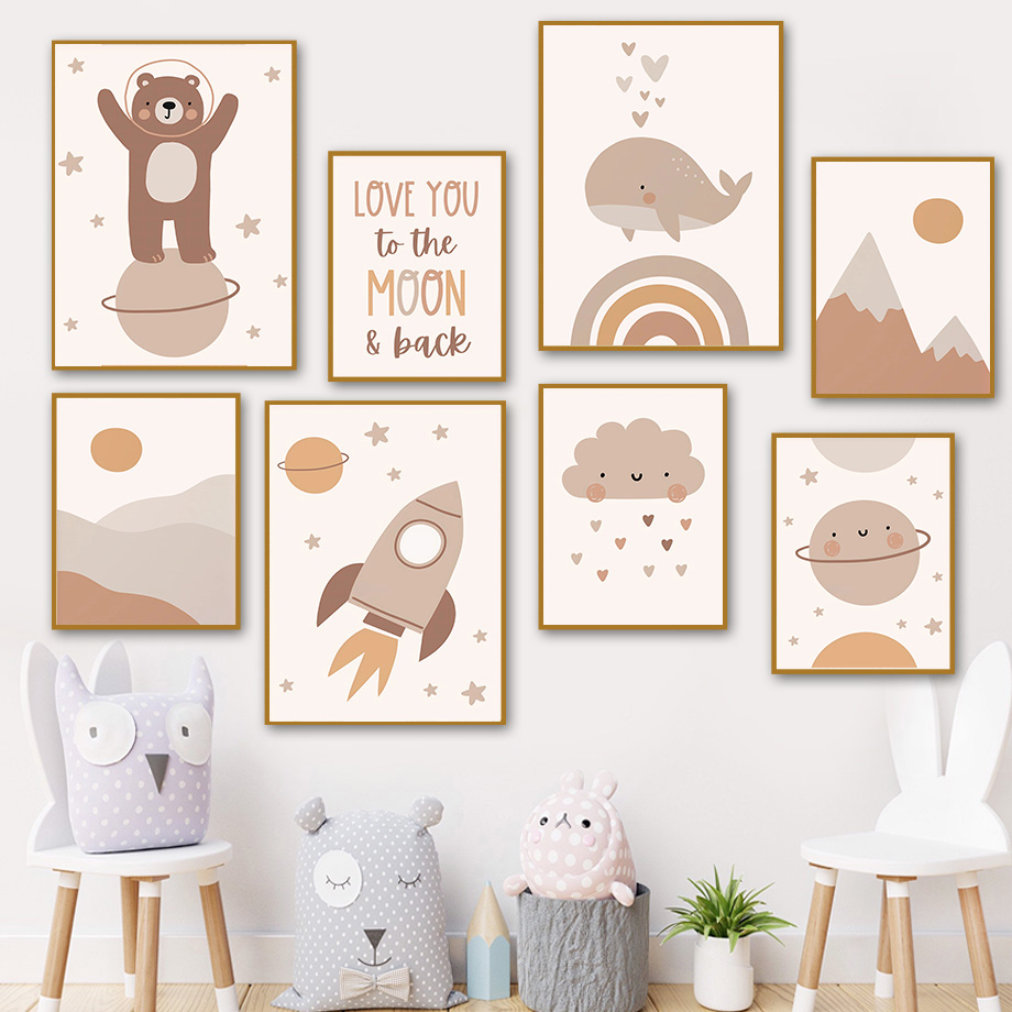 Baby Nursery Posters - ภาพพิมพ์บนผ้าใบลายโบโฮ หมี วาฬ จรวด ดาวเคราะห์ ดวงอาทิตย์