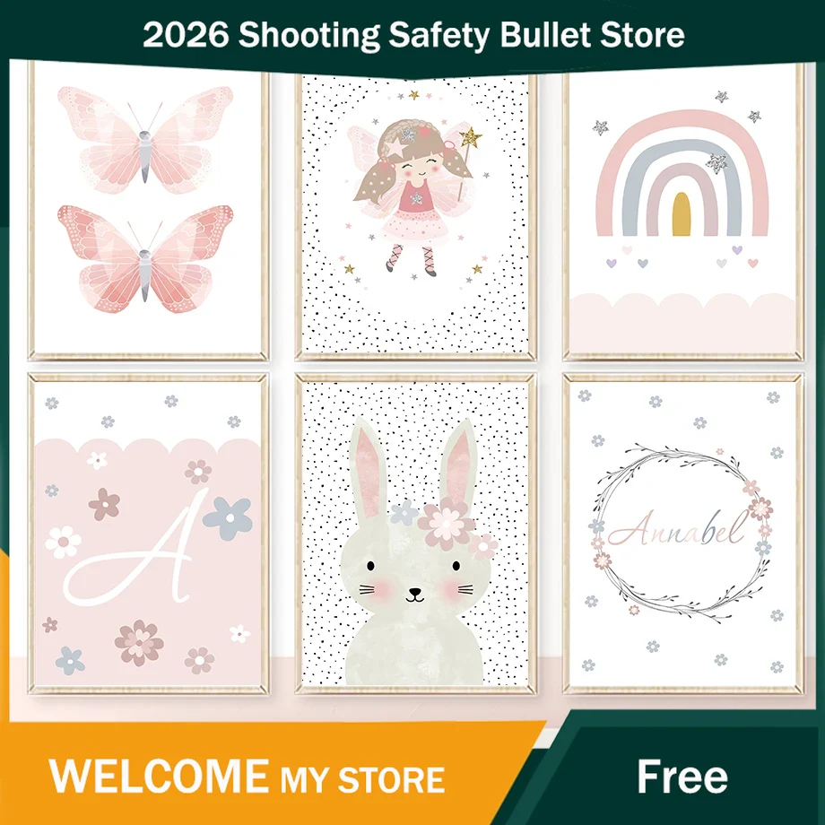 Baby Nursery Posters - ภาพวาดบนผืนผ้าใบลายกระต่ายสาวน้อยน่ารัก ดอกไม้ ผีเสื้อ สายรุ้ง สำหรับตกแต่งผนังห้องเด็ก โปสเตอร์และภาพพิมพ์สำหรับตกแต่งห้องเด็กอ่อน