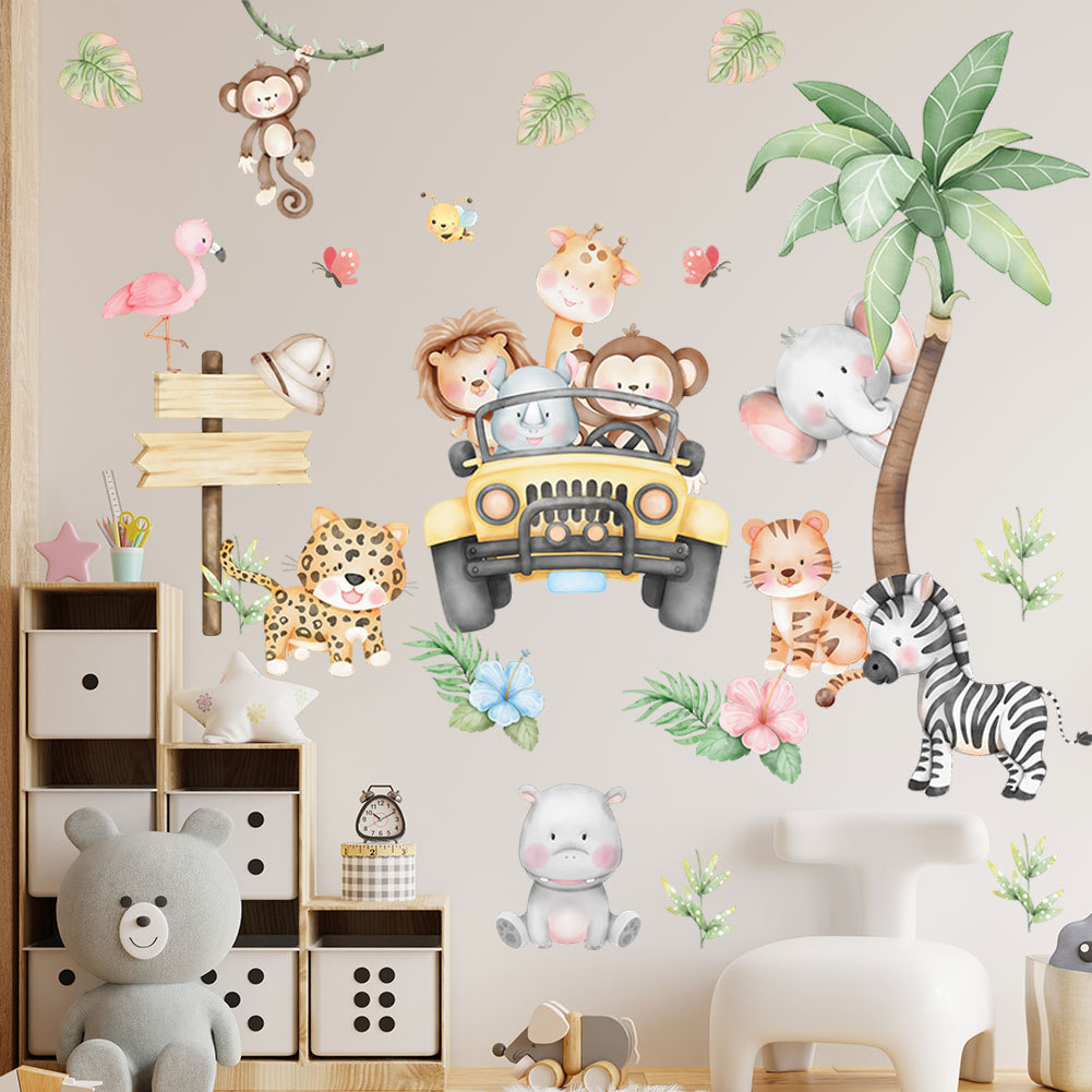 Baby Zoo Nursery - ห้องเด็กการ์ตูนช้างยีราฟต้นไม้สติ๊กเกอร์ติดผนังกาวเด็กทารกสัตว์ป่าสวนสัตว์รูปลอกผนังภาพจิตรกรรมฝาผนัง