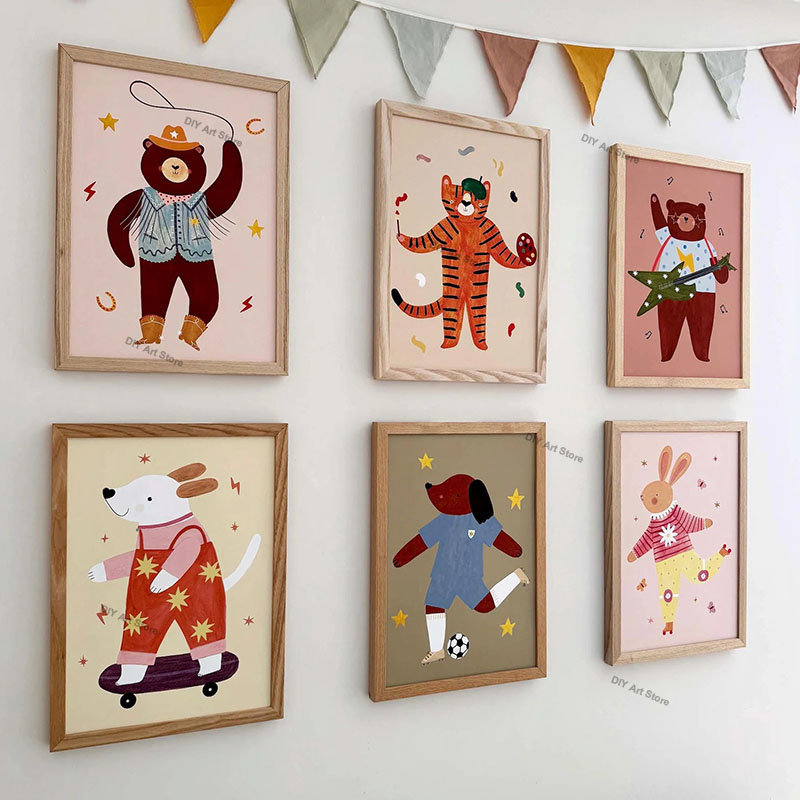 Baby Nursery Posters - ภาพวาดการ์ตูนสัตว์น่ารักสำหรับตกแต่งผนังห้องเด็ก ภาพพิมพ์บนผ้าแคนวาส หมี เสือ กระต่าย หนู