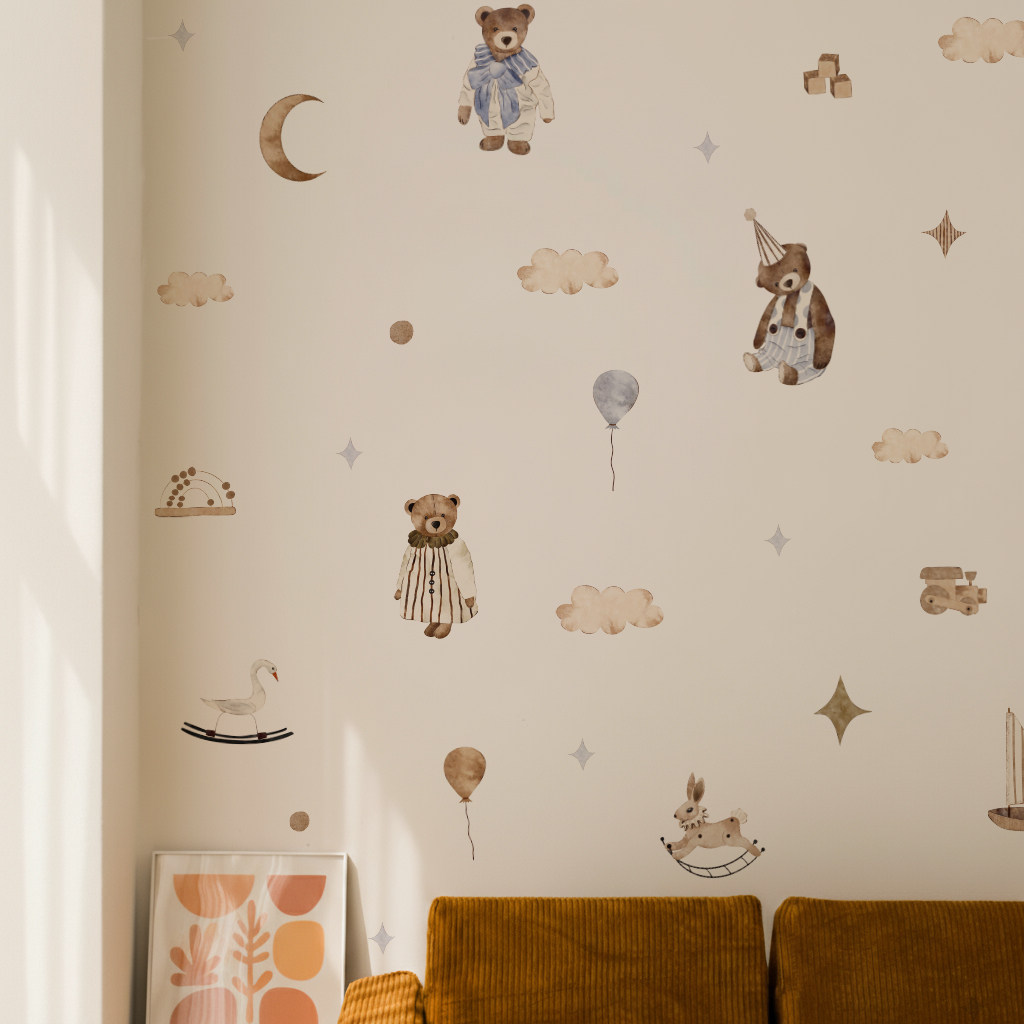 Baby Nursery Wallpaper Neutral - สติ๊กเกอร์ติดผนังสไตล์โบโฮ วินเทจ น่ารัก ลายหมี เรือใบ ลูกบอล