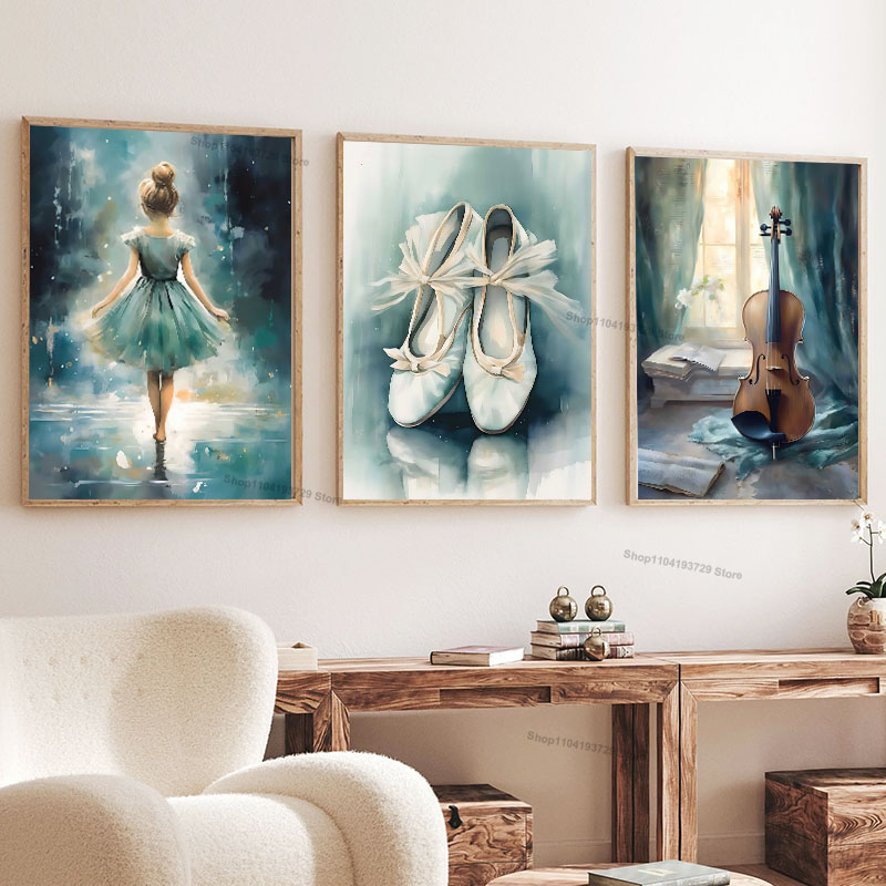 Baby Nursery Posters - ภาพวาดสีน้ำ บัลเลต์ เด็กผู้หญิง รองเท้า เชลโล ภาพศิลปะติดผนังห้องเด็ก