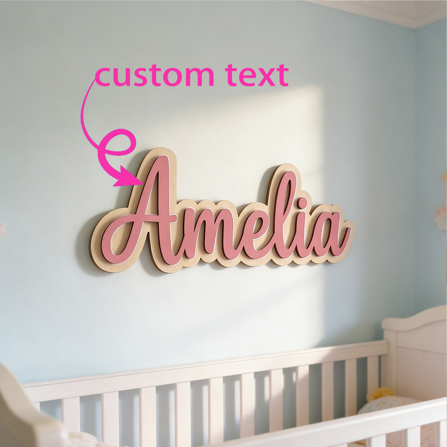 Baby Nursery Ornaments - ป้ายชื่อสกุลไม้สองชั้นแบบกำหนดเอง 1 ชิ้น, ของขวัญสั่งทำ, ของตกแต่งห้องเด็ก, ป้ายชื่อเด็ก