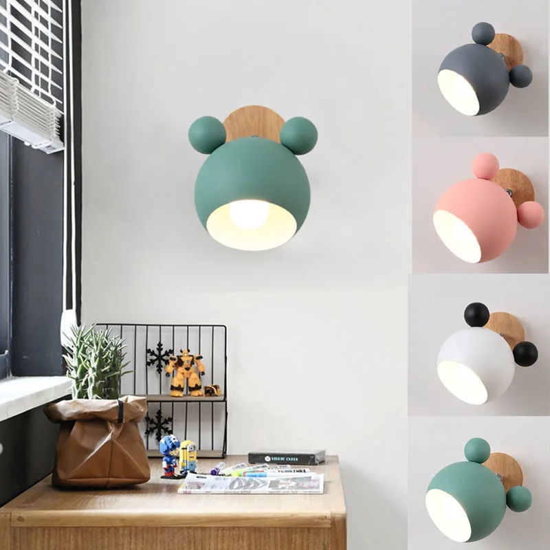Baby Nursery Wall Lights - การออกแบบที่ทันสมัยตกแต่งบ้านโคมไฟติดผนังโคมไฟโลหะฐานไม้โต๊ะเชิงเทียนแสงเด็กเด็กที่น่าสนใจ Macaron สี LED Luster