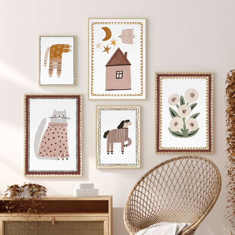 Baby Nursery Wallpaper Neutral - โปสเตอร์เด็กสไตล์โบโฮลายแมวน่ารัก ม้า บ้าน ดอกไม้ พระจันทร์ งานศิลปะติดผนังแบบไม่มีกรอบ