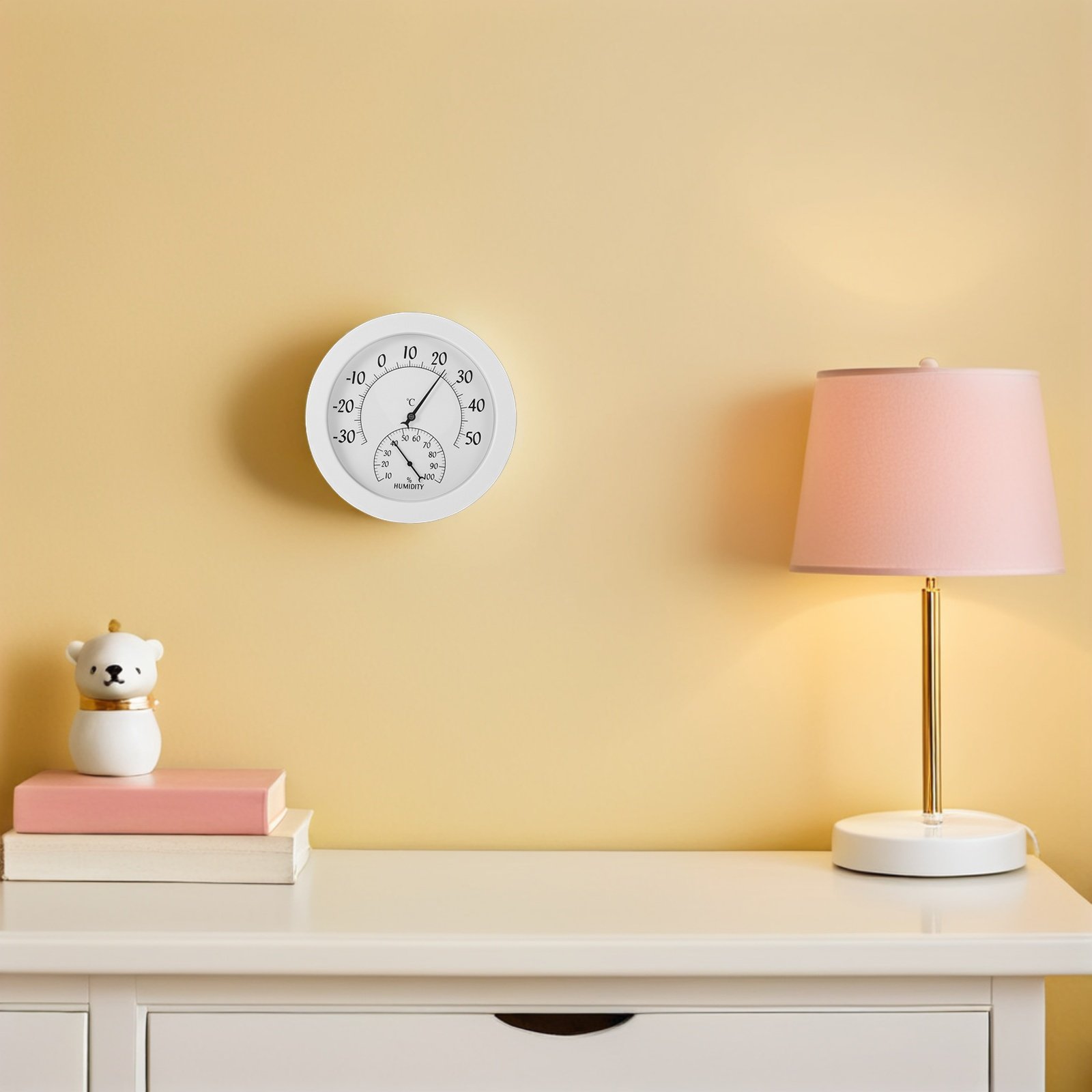 Baby Nursery Temperature - เครื่องวัดอุณหภูมิและความชื้นแบบแอนะล็อกติดผนังสำหรับห้องเด็กอ่อน หน้าปัดทรงกลม ความแม่นยำสูง สำหรับตรวจสอบความชื้นและอุณหภูมิภายในห้องเด็กอ่อน