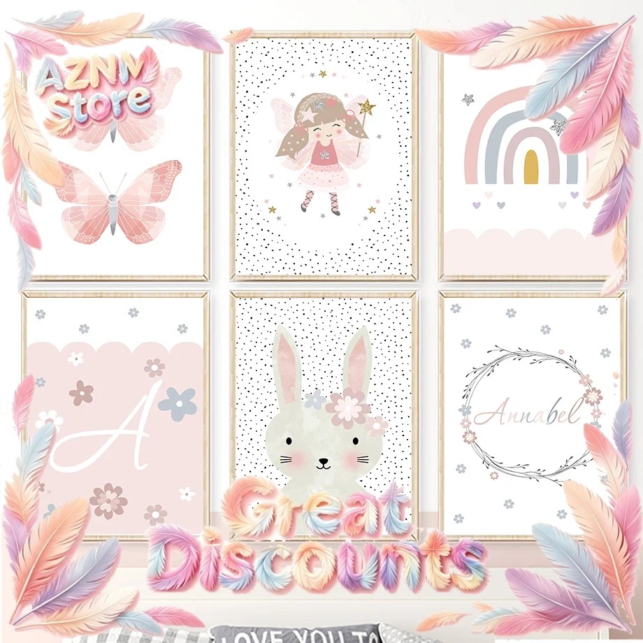 Baby Nursery Posters - ภาพวาดบนผ้าใบลายกระต่าย ดอกไม้ ผีเสื้อ สายรุ้ง น่ารักสำหรับตกแต่งผนังห้องเด็ก โปสเตอร์และภาพพิมพ์สำหรับห้องเด็ก