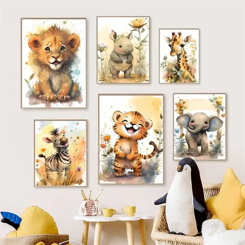 Baby Nursery Posters - ภาพวาดสีน้ำ ลายสิงโต ยีราฟ เสือ ช้าง ม้าลาย