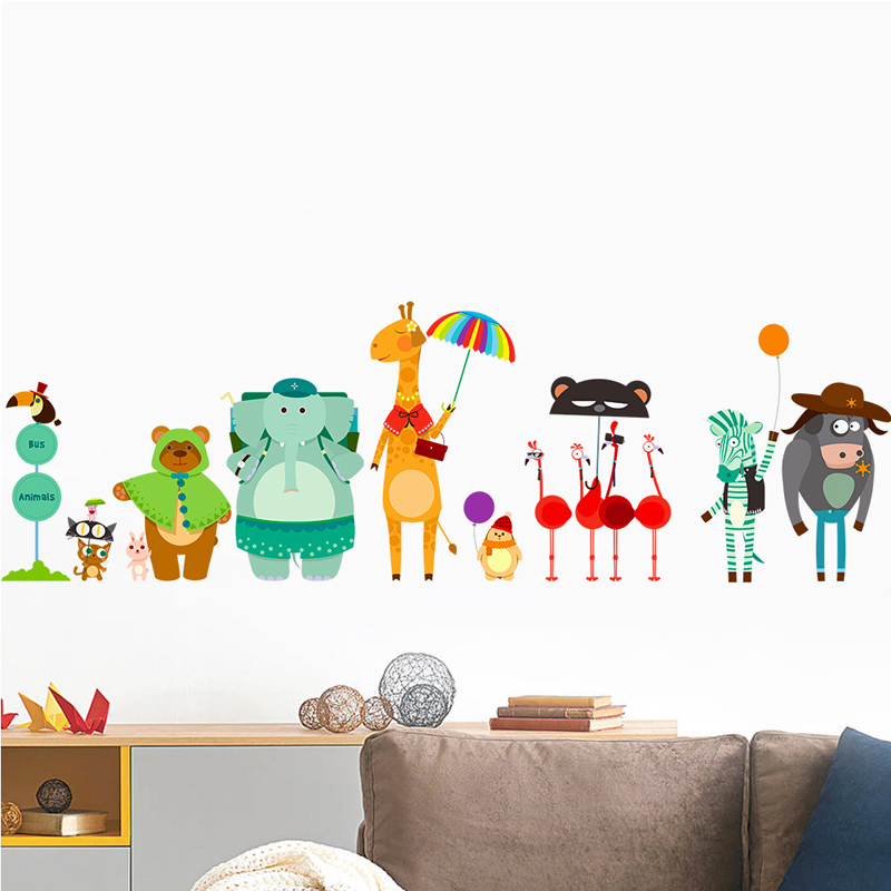 Baby Zoo Nursery - การ์ตูน Zoo Bus Station Wall สติ๊กเกอร์สำหรับเด็กเด็กห้องพักตกแต่งภาพจิตรกรรมฝาผนัง