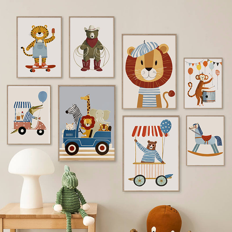 Baby Nursery Ornaments - ภาพวาดการ์ตูนสัตว์ตลกๆ สำหรับตกแต่งผนังห้องเด็ก ภาพพิมพ์บนผ้าใบ ลายสิงโต หมี เสือ