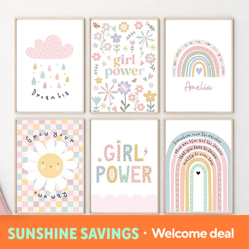 Baby Nursery Posters - ดอกทานตะวัน สายรุ้ง เมฆ หัวใจ ภาพวาดศิลปะติดผนังสำหรับห้องเด็ก ภาพพิมพ์บนผ้าใบ