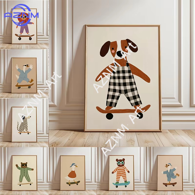 Baby Nursery Posters - โปสเตอร์สัตว์ตลกเล่นสเก็ตบอร์ด 1 ชิ้น ภาพพิมพ์บนผ้าใบลายห่าน เป็ด สุนัข