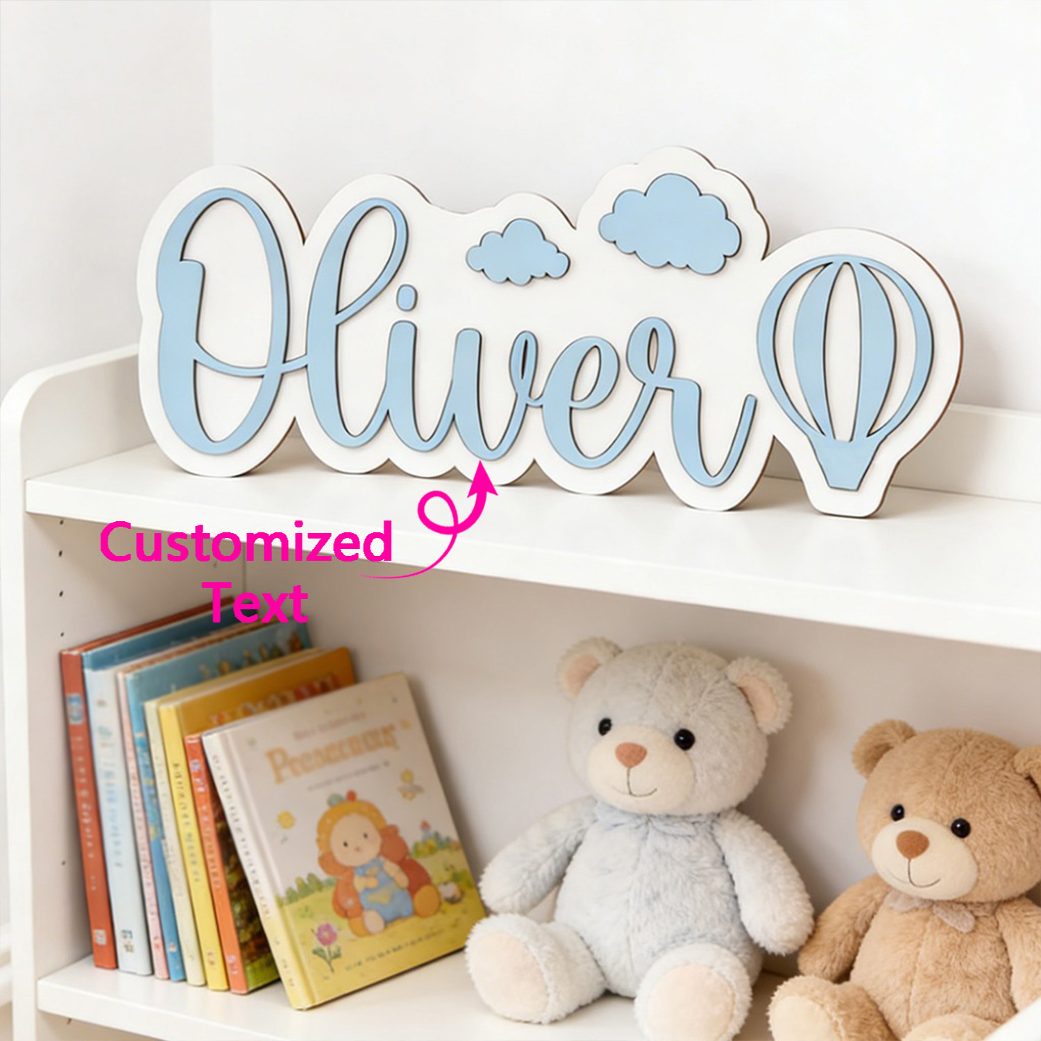 Baby Nursery Ornaments - ป้ายชื่อห้องรูปบอลลูนลมร้อนและเมฆแบบปรับแต่งได้, ป้ายไม้สีฟ้าพาสเทลที่สามารถปรับแต่งได้, ของตกแต่งห้องนอนเด็ก, ของขวัญแสนหวาน