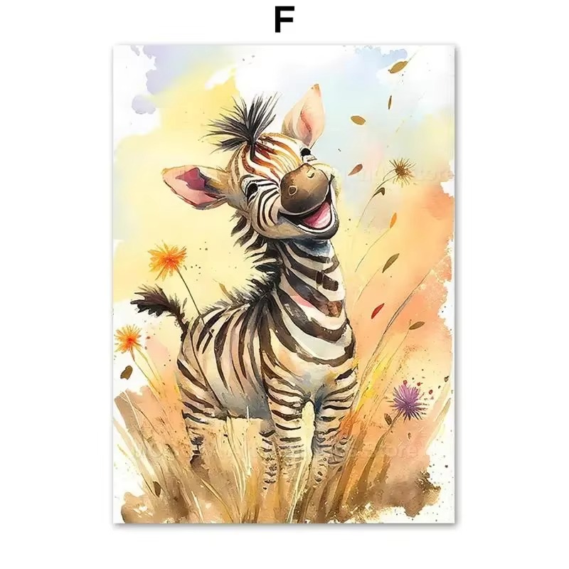 Baby Nursery Posters - ภาพวาดสีน้ำ ลายสิงโต ยีราฟ เสือ ช้าง ม้าลาย
