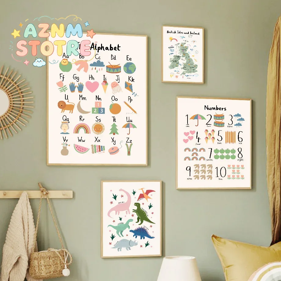 Baby Nursery Ornaments - แผนที่โลกสัตว์ ไดโนเสาร์ ตัวอักษร ตัวเลข ภาพวาดบนผ้าใบ โปสเตอร์ตกแต่งผนังสำหรับห้องเด็กอ่อน