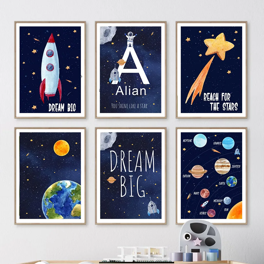 Baby Nursery Posters - ภาพวาดบนผ้าใบ 1 ชิ้น ภาพพิมพ์ตกแต่งผนังห้องเด็ก พร้อมชื่อสั่งทำได้ ลายอวกาศ