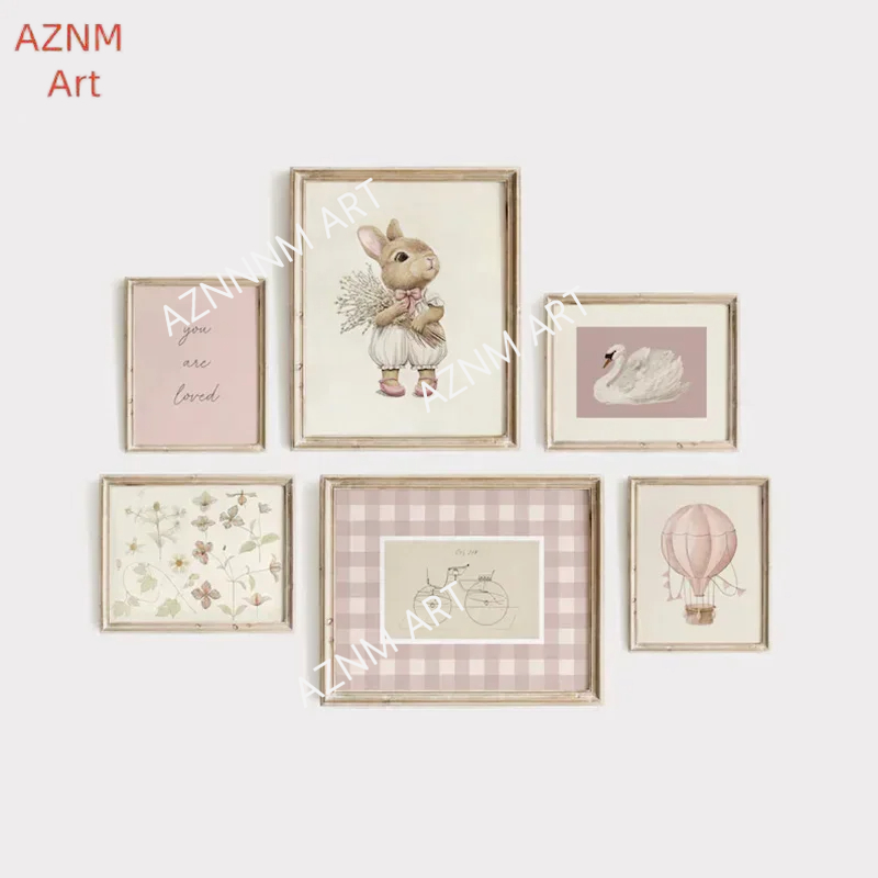 Baby Nursery Wall Lights - โปสเตอร์ติดผนังลายศิลปะวินเทจสำหรับห้องเด็ก ลายหงส์และกระต่าย สีชมพูอ่อน ภาพวาดบนผ้าแคนวาส เหมาะสำหรับตกแต่งห้องพักนักศึกษา สไตล์สวยงาม