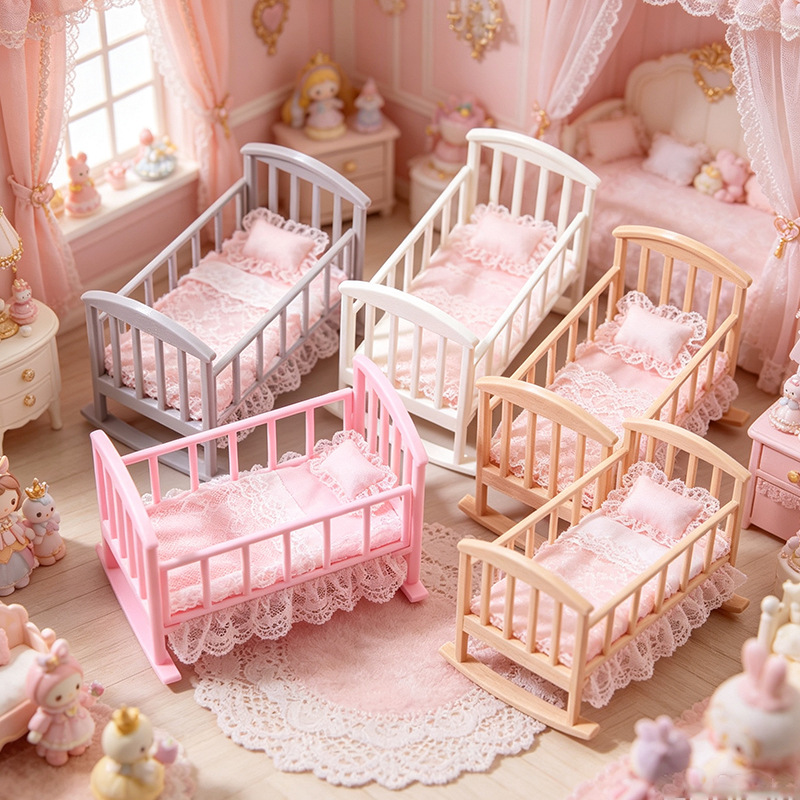 Baby Nursery Furniture Sets - เตียงเด็กแบบโยกขนาดเล็กสำหรับบ้านตุ๊กตา 1:12 รุ่น BJD OB11 เฟอร์นิเจอร์ห้องเด็กสำหรับตุ๊กตา
