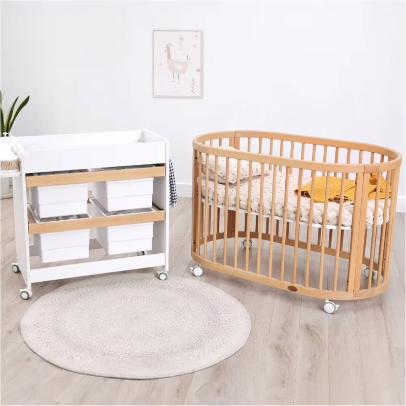 Baby Nursery Furniture Sets - ชุดเฟอร์นิเจอร์อเนกประสงค์สำหรับเด็กอ่อน แบบปรับเปลี่ยนได้ 3-in-1 เปลไม้ทรงรี พร้อมโต๊ะเปลี่ยนผ้าอ้อม